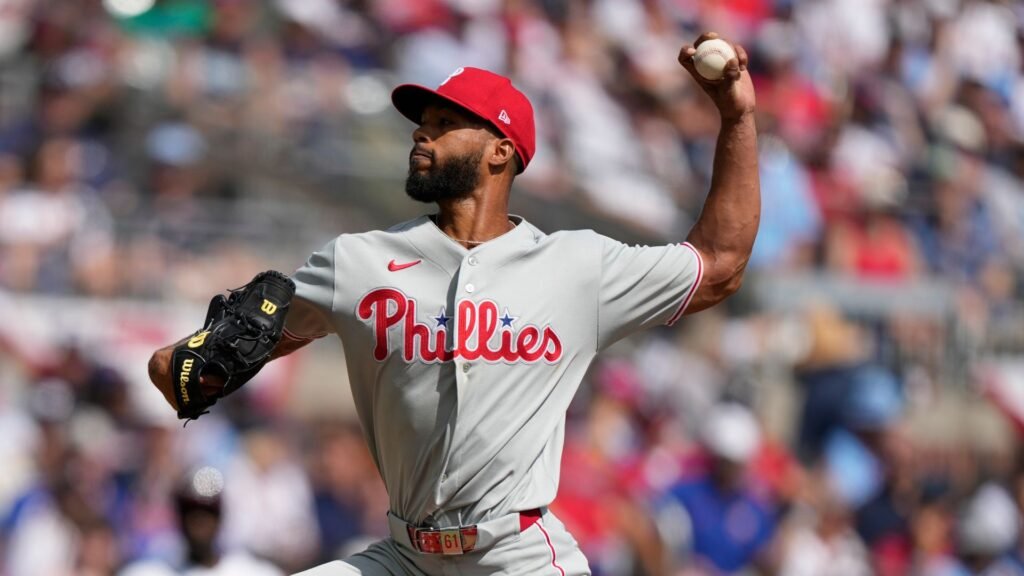 Cristopher Sánchez pitching against Atlanta in Game 2 at Truist Park