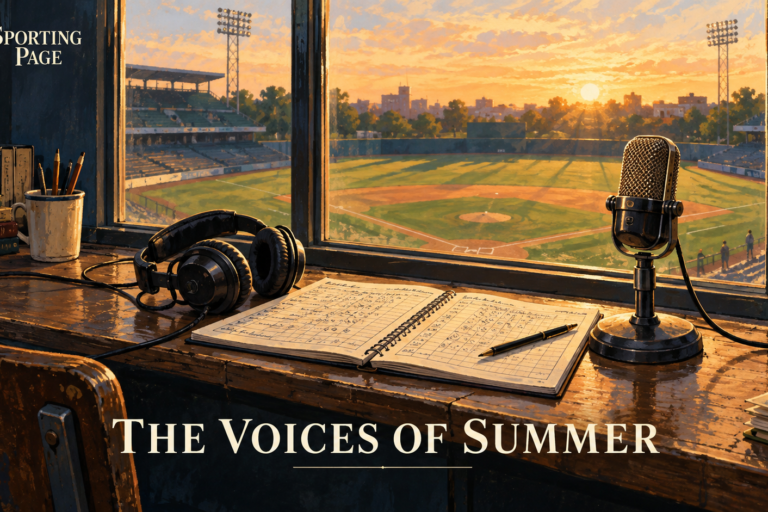 AI-generated editorial illustration of a headset, scorebook and microphone overlooking a baseball field at sunset.