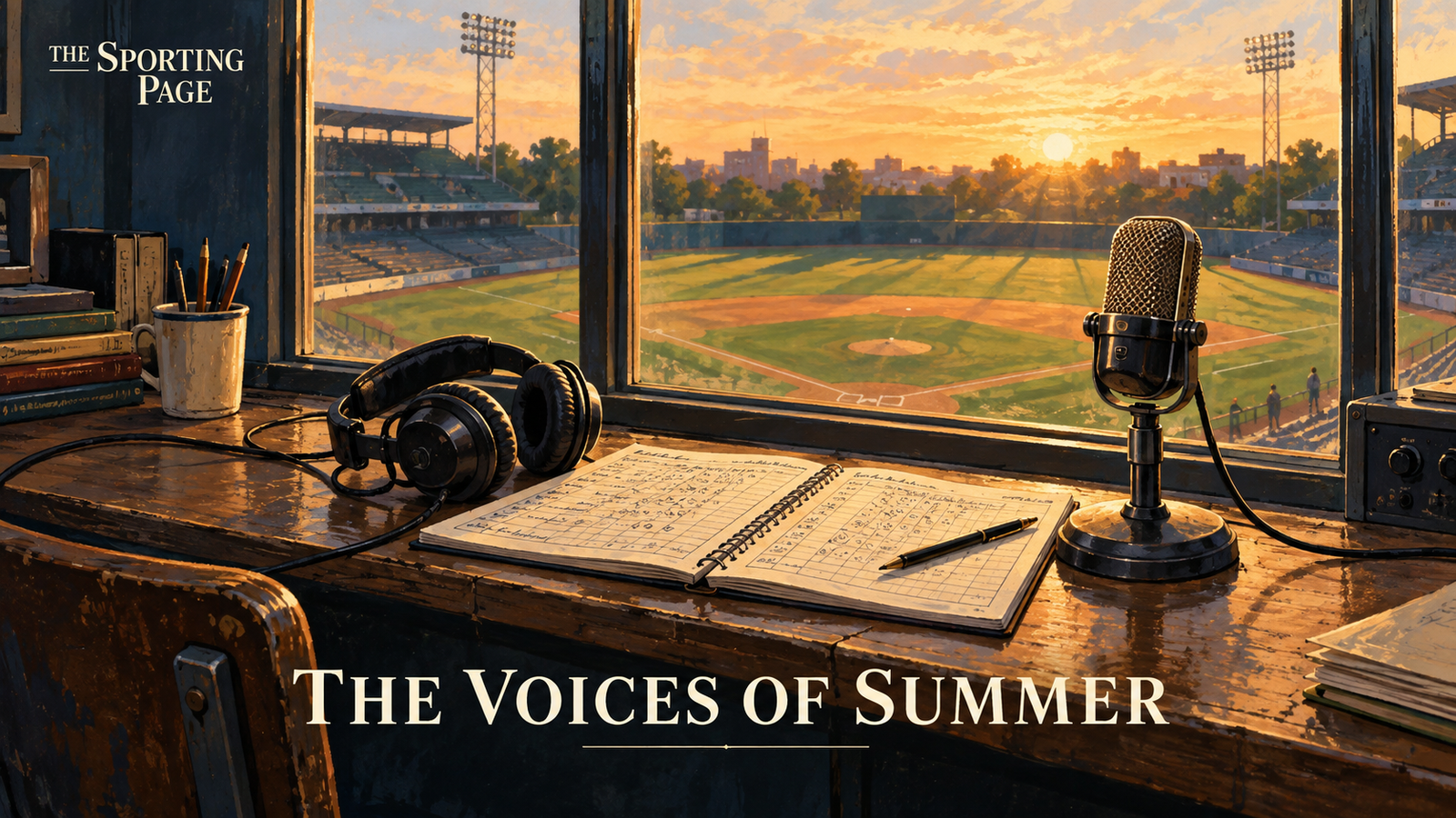 AI-generated editorial illustration of a headset, scorebook and microphone overlooking a baseball field at sunset.