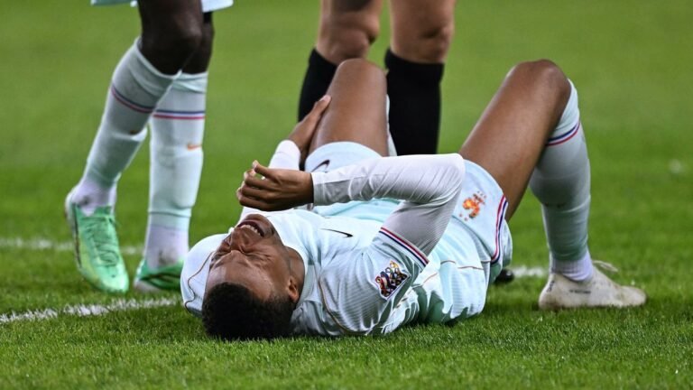 Kylian Mbappé on the ground during France’s match against Turkey.