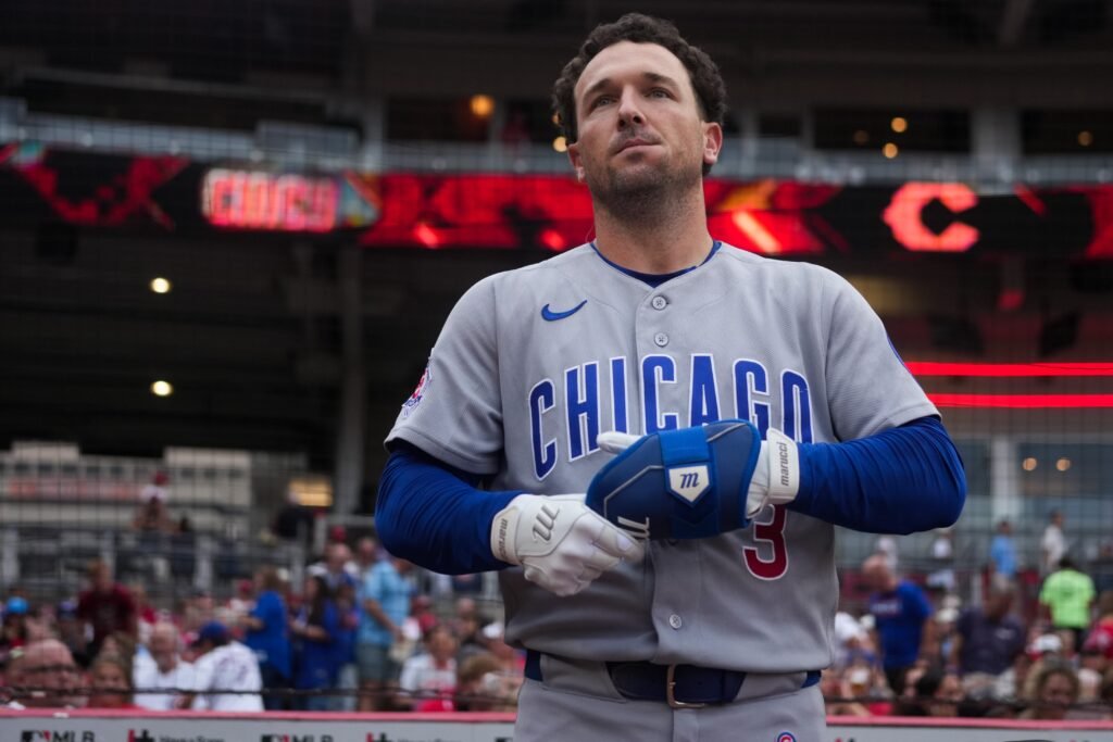 Alex Bregman waits on deck before the Cubs game against Cincinnati.