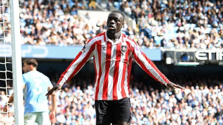 Brian Brobbey celebrates his second goal against Manchester City.