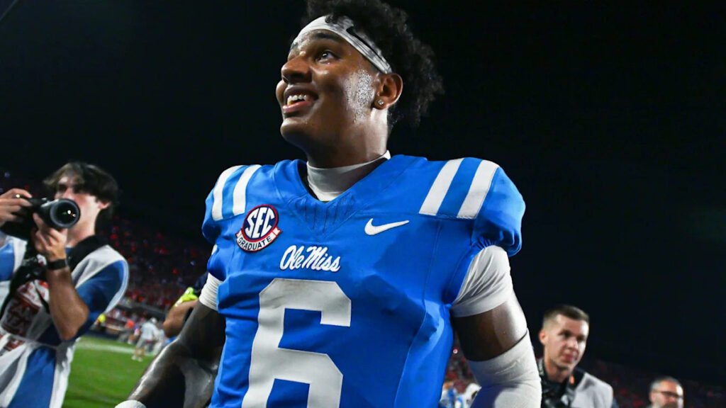 Trinidad Chambliss leaves the field after Ole Miss defeats LSU.
