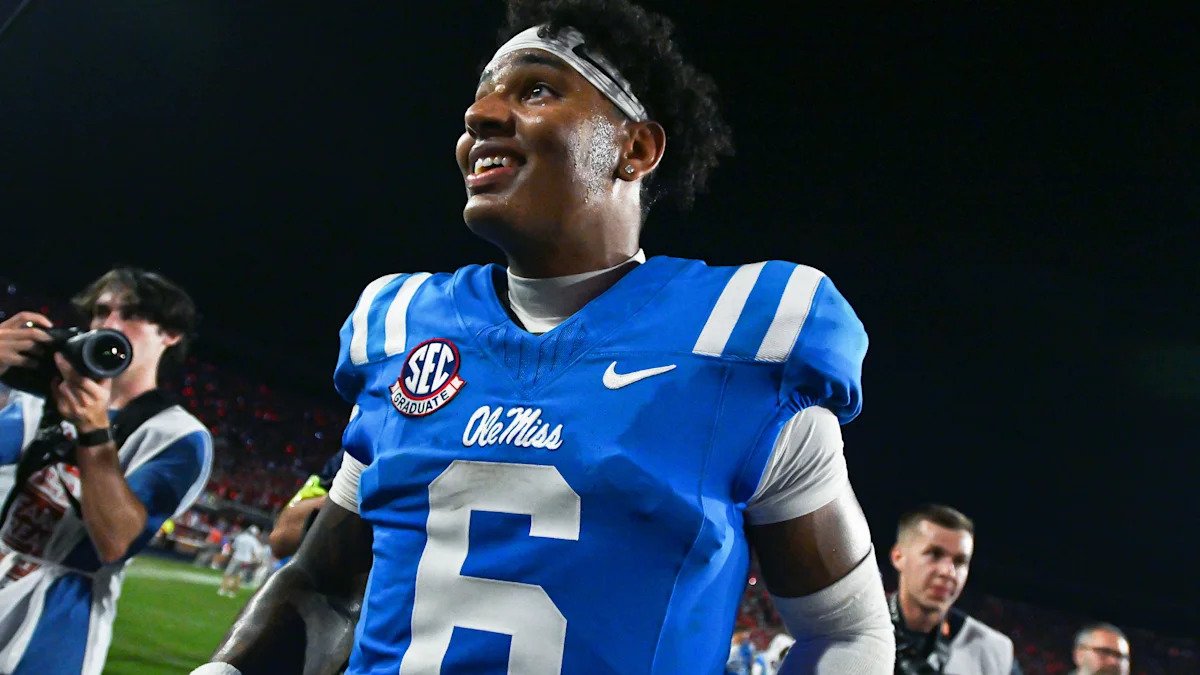 Trinidad Chambliss leaves the field after Ole Miss defeats LSU.