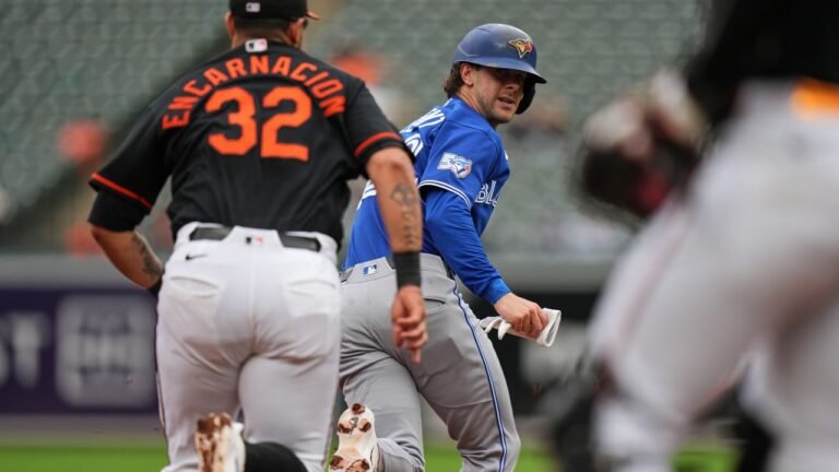 Toronto’s Ernie Clement at third base during the first game of the Baltimore doubleheader.