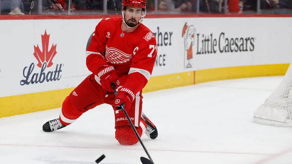Dylan Larkin carries the puck against Columbus.