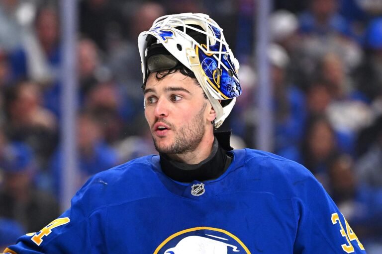 Alex Lyon in his Buffalo Sabres goaltending equipment.