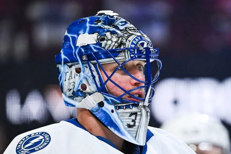 Jonas Johansson warms up before Tampa Bay’s playoff game in Montreal on April 26, 2026.