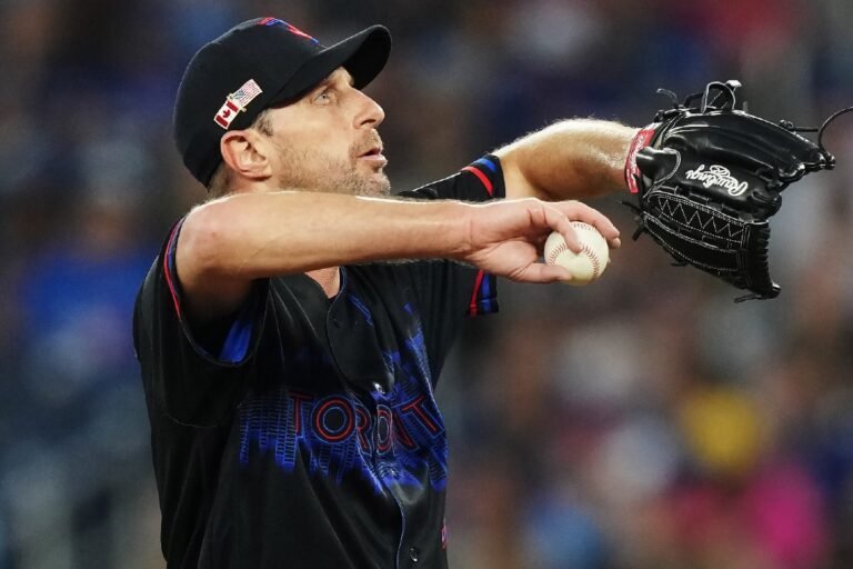Max Scherzer pitches against Baltimore in Toronto on September 11, 2026.
