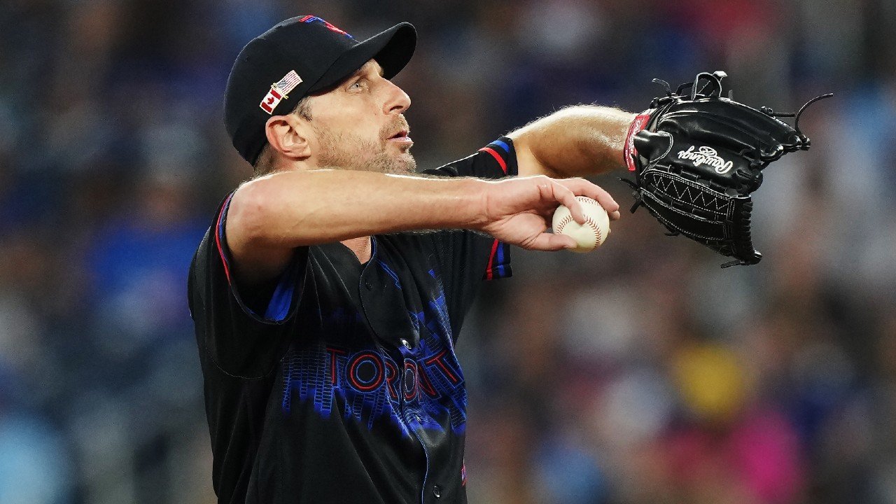 Max Scherzer pitches against Baltimore in Toronto on September 11, 2026.