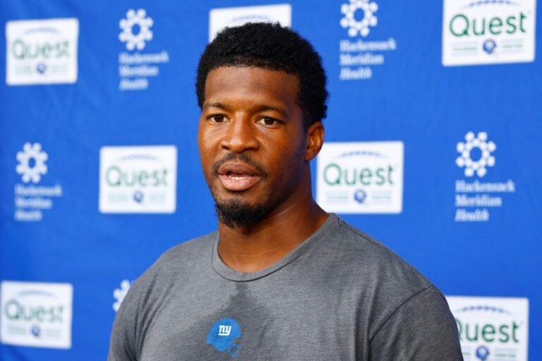 Jameis Winston speaks with reporters in East Rutherford, New Jersey, on September 23, 2026.