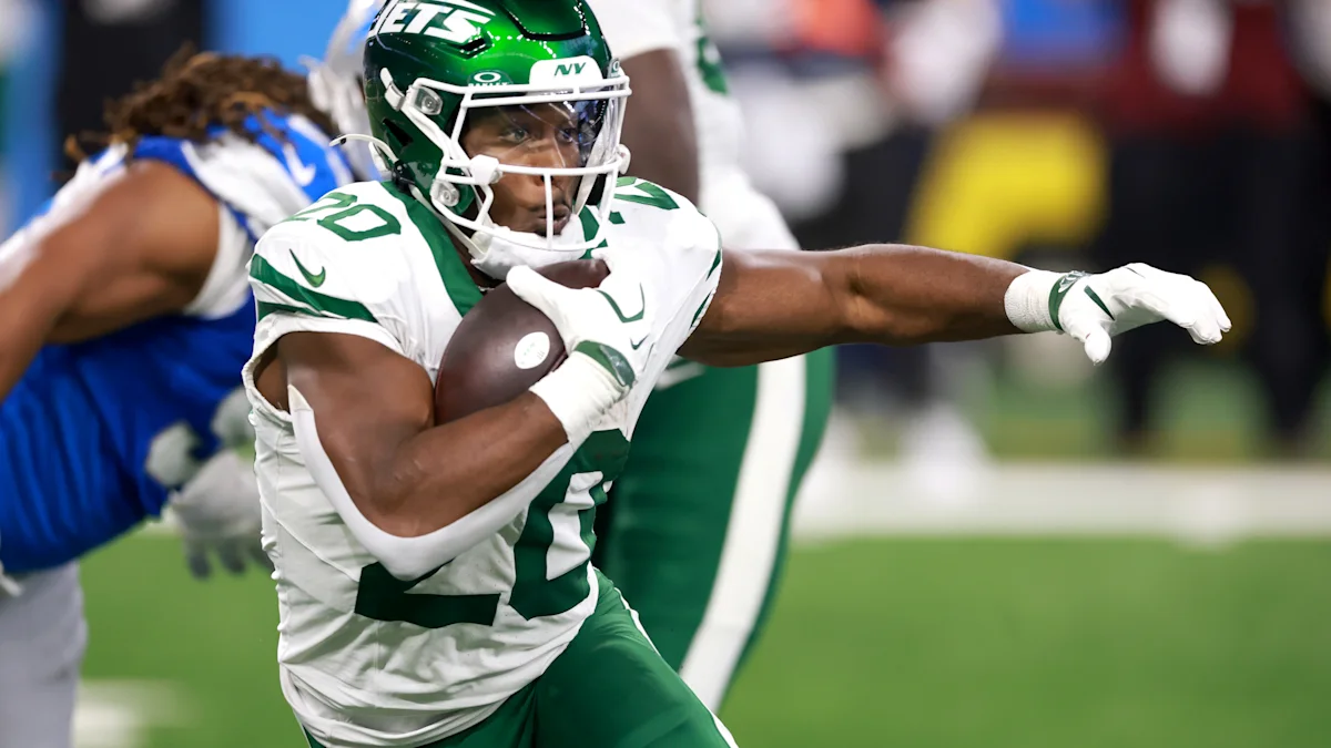 Breece Hall runs against Detroit during the second quarter at Ford Field on September 27, 2026.