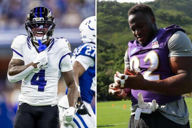 Zay Flowers (left) and Nnamdi Madubuike in Baltimore’s September 27 availability report. The source does not identify the capture dates.