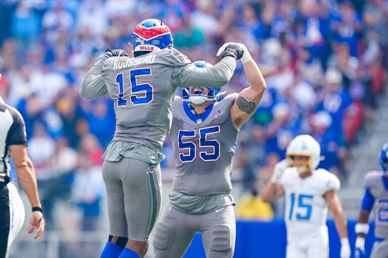 Greg Rousseau (15) celebrates with a Buffalo teammate during the Bills’ game against the Chargers on September 27, 2026.