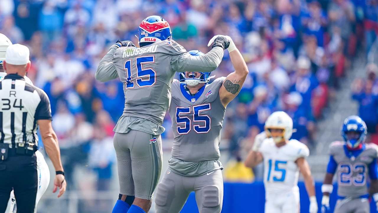 Greg Rousseau (15) celebrates with a Buffalo teammate during the Bills’ game against the Chargers on September 27, 2026.