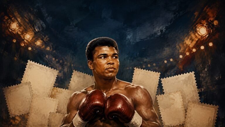 Editorial illustration of Muhammad Ali in boxing gloves with abstract perforated paper framing