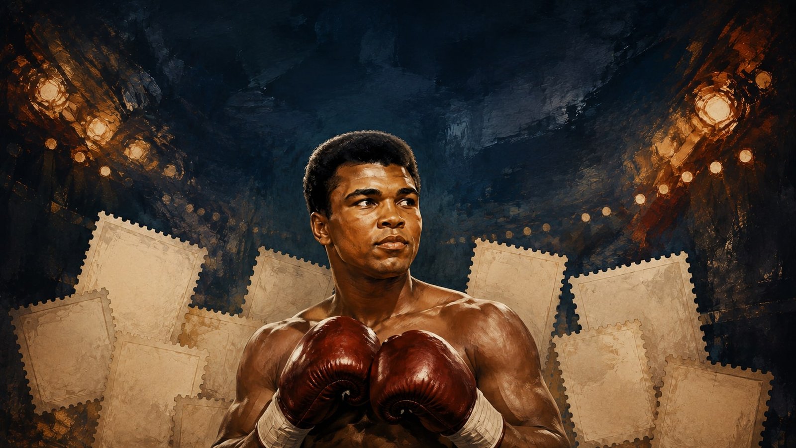 Editorial illustration of Muhammad Ali in boxing gloves with abstract perforated paper framing