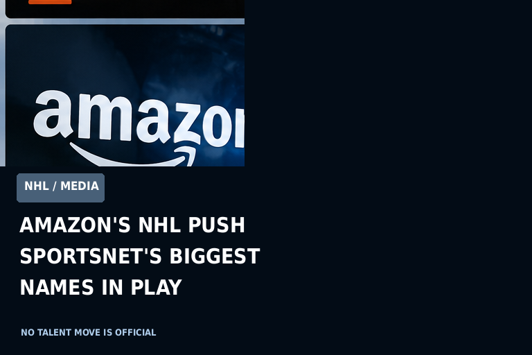 Editorial sports-media graphic about Prime Video's expanding NHL package and the unresolved futures of major Sportsnet hockey broadcasters.