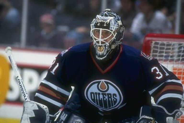 Curtis Joseph in goal for the Edmonton Oilers in February 1997