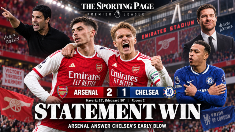 Arsenal and Chelsea players with the final score Arsenal 2, Chelsea 1