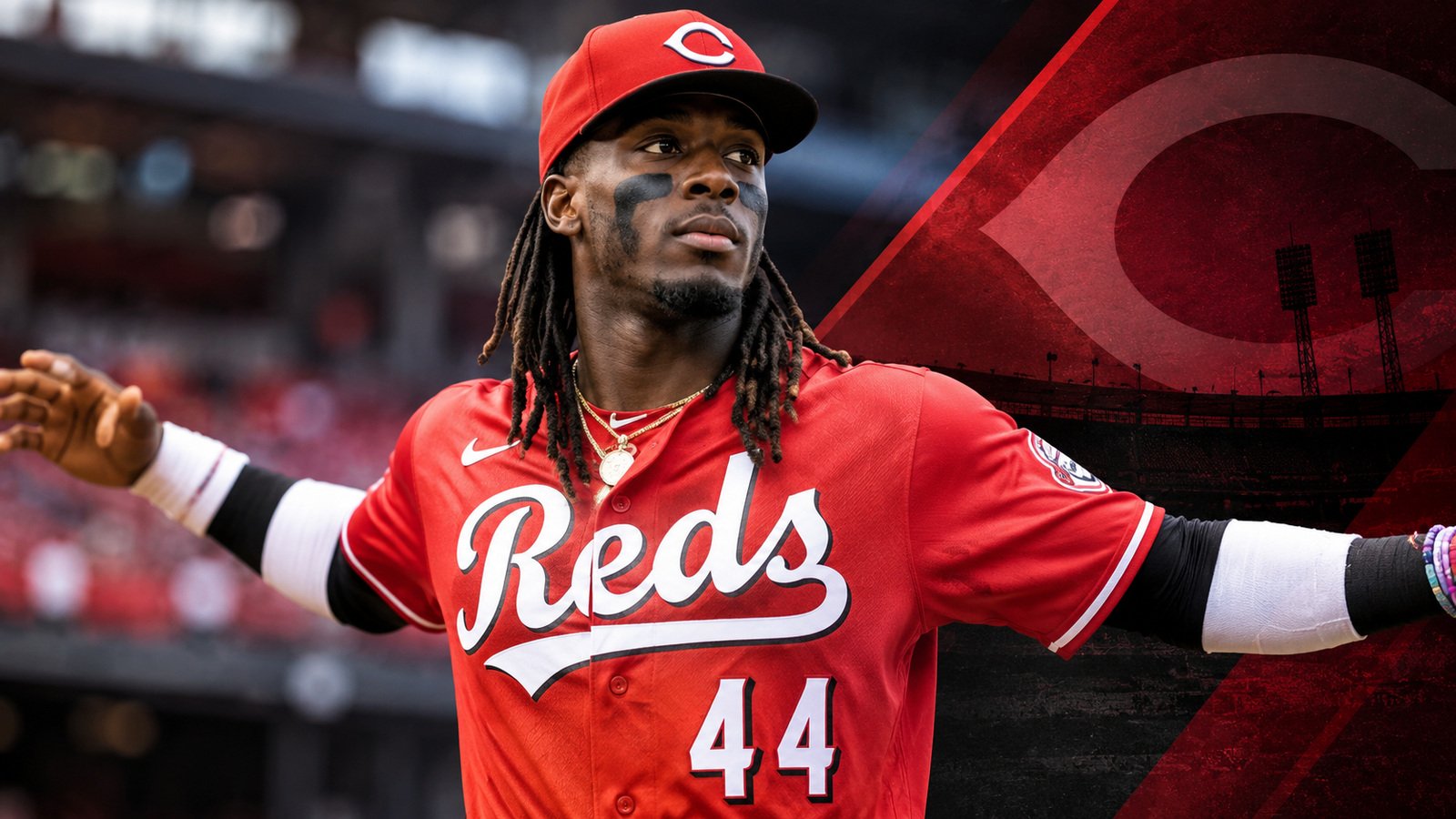 Illustration of Elly De La Cruz in a Cincinnati Reds uniform against a red-and-black stadium background.