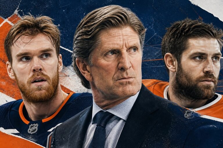 Editorial illustration of Connor McDavid, Mike Babcock and Leon Draisaitl in Edmonton Oilers navy and orange
