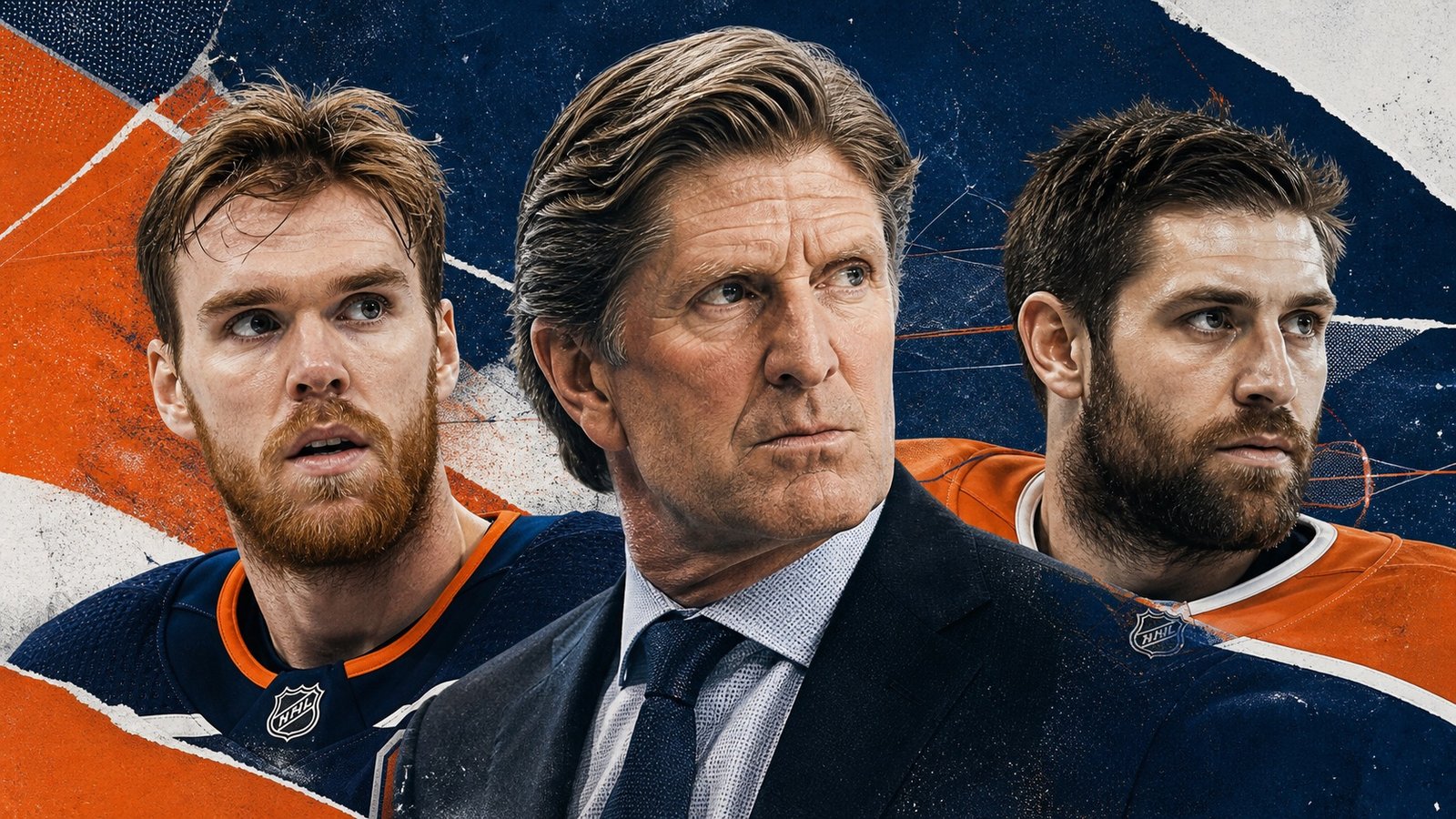 Editorial illustration of Connor McDavid, Mike Babcock and Leon Draisaitl in Edmonton Oilers navy and orange