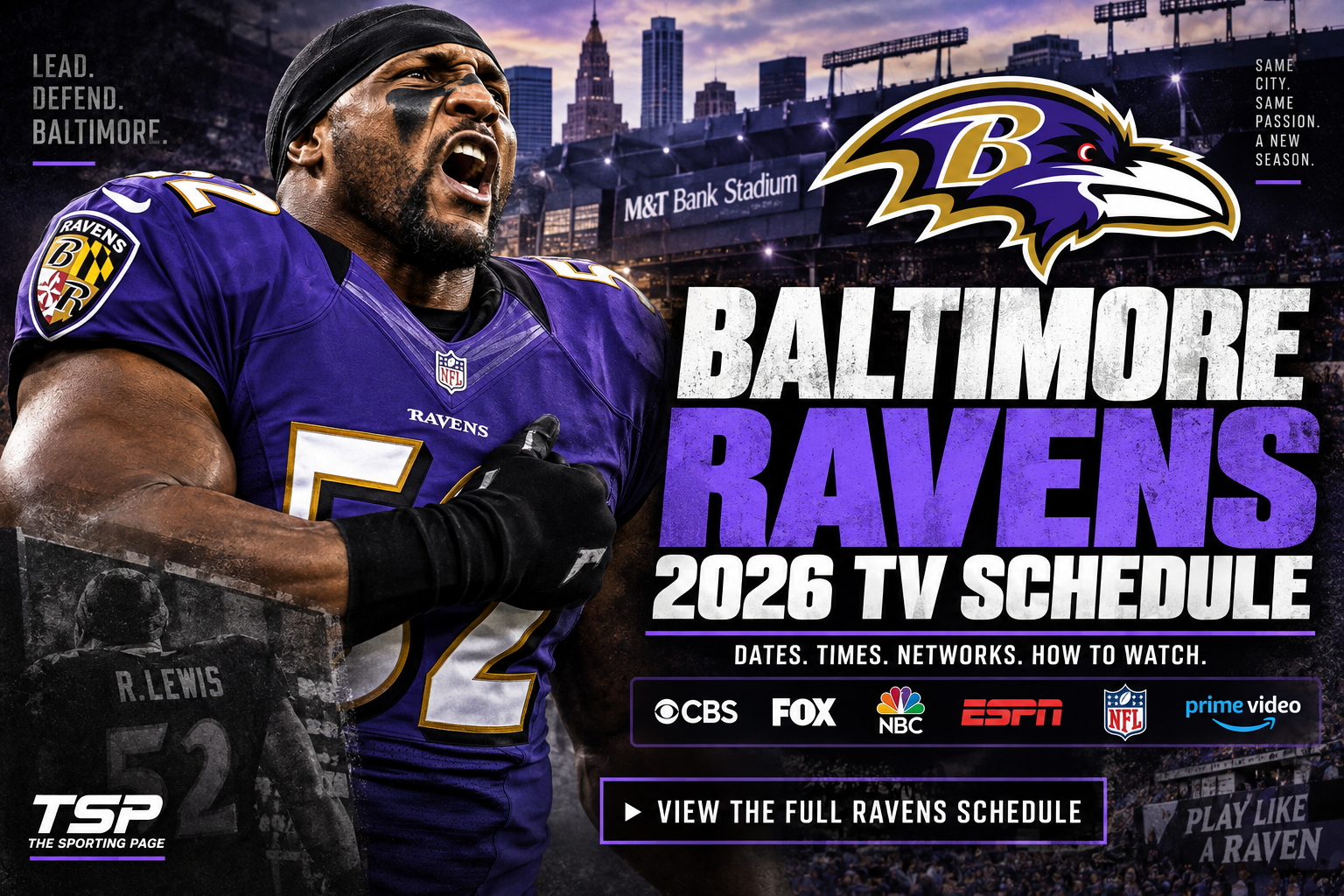 Editorial watch-guide illustration featuring Ravens legend Ray Lewis with Baltimore's 2026 television schedule branding.