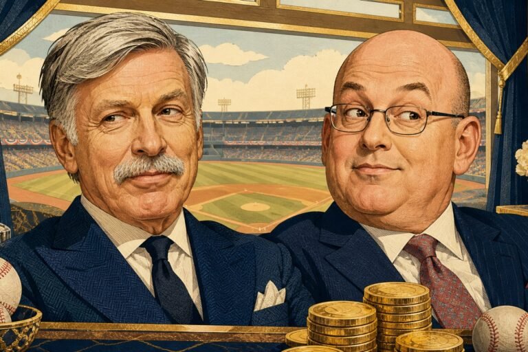 Editorial caricature of Stan Kroenke and Steve Cohen in a gold-trimmed baseball owners’ suite