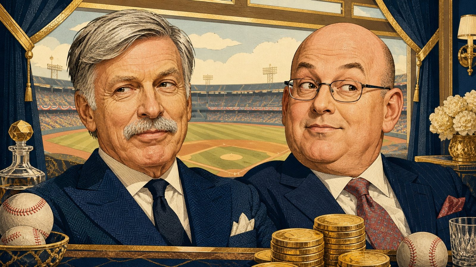 Editorial caricature of Stan Kroenke and Steve Cohen in a gold-trimmed baseball owners’ suite