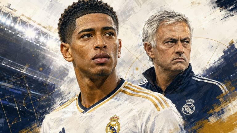 Editorial illustration of Jude Bellingham and José Mourinho in a Real Madrid illustration