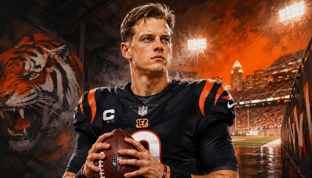 Editorial illustration of Joe Burrow in his Cincinnati Bengals uniform