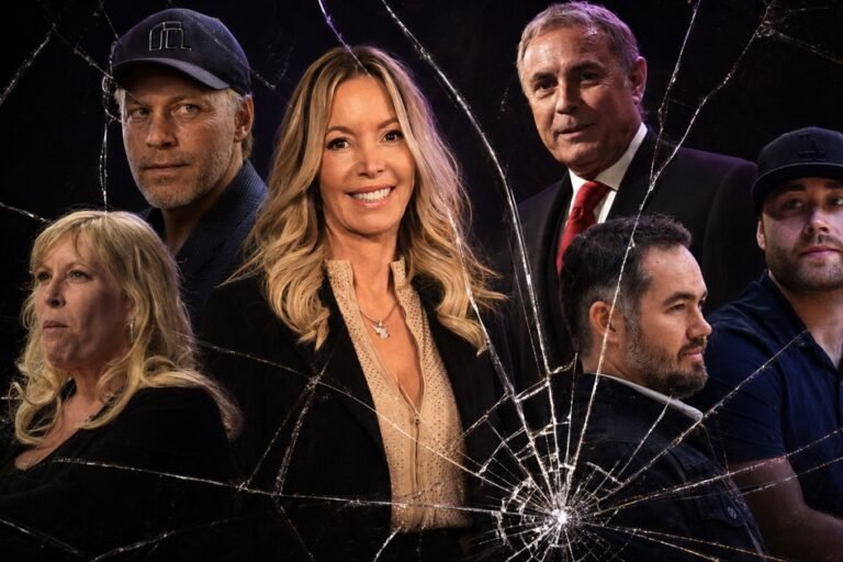 Composite portrait of Jeanie Buss and five Buss family members behind shattered glass
