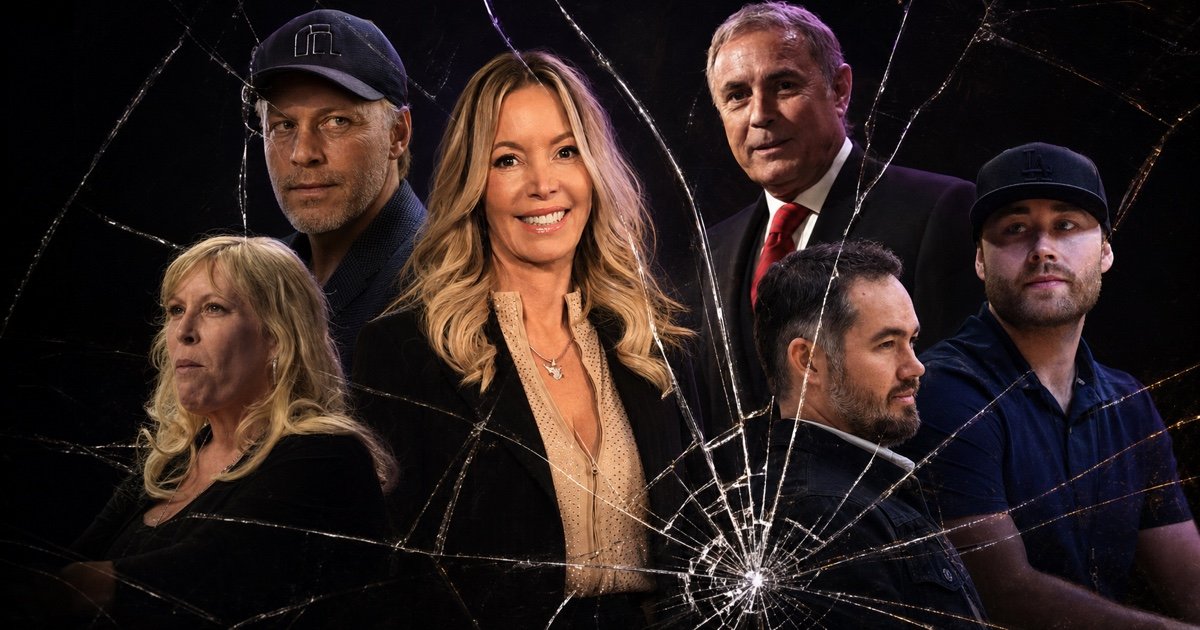 Composite portrait of Jeanie Buss and five Buss family members behind shattered glass