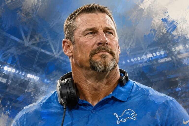 Editorial illustration of Dan Campbell on the Detroit Lions sideline