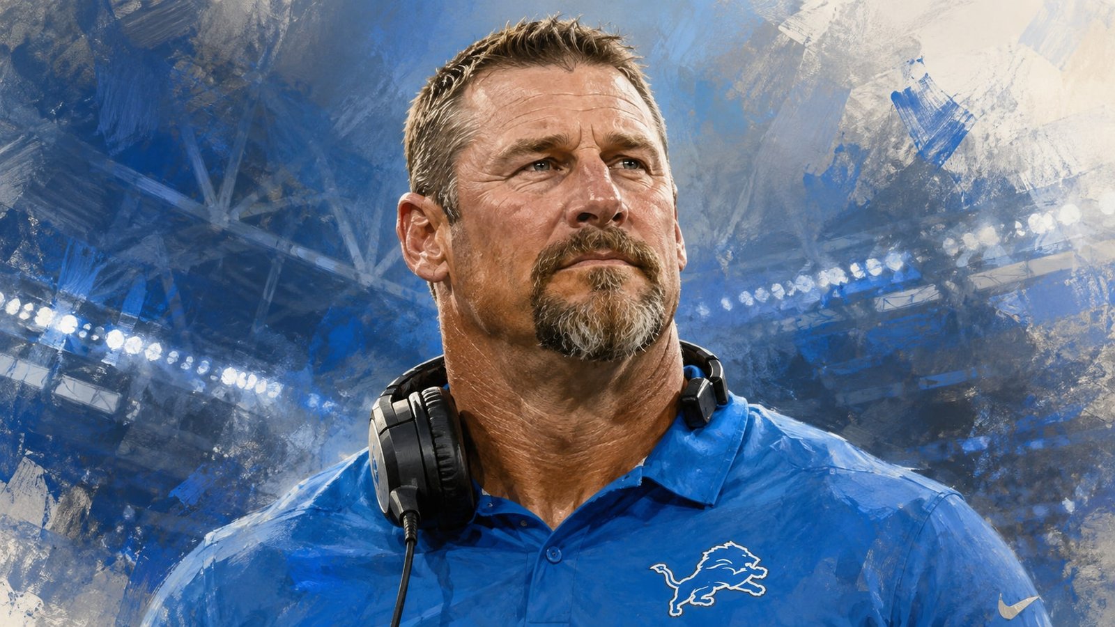 Editorial illustration of Dan Campbell on the Detroit Lions sideline