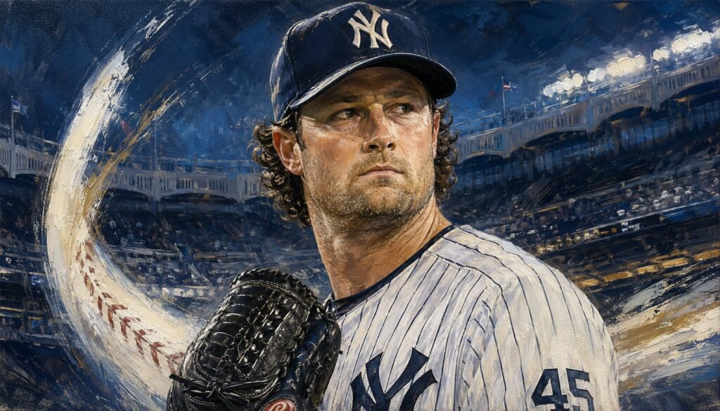 Editorial illustration of Gerrit Cole in Yankees pinstripes, holding his pitching glove