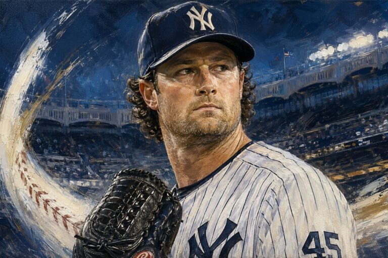 Editorial illustration of Gerrit Cole in Yankees pinstripes, holding his pitching glove