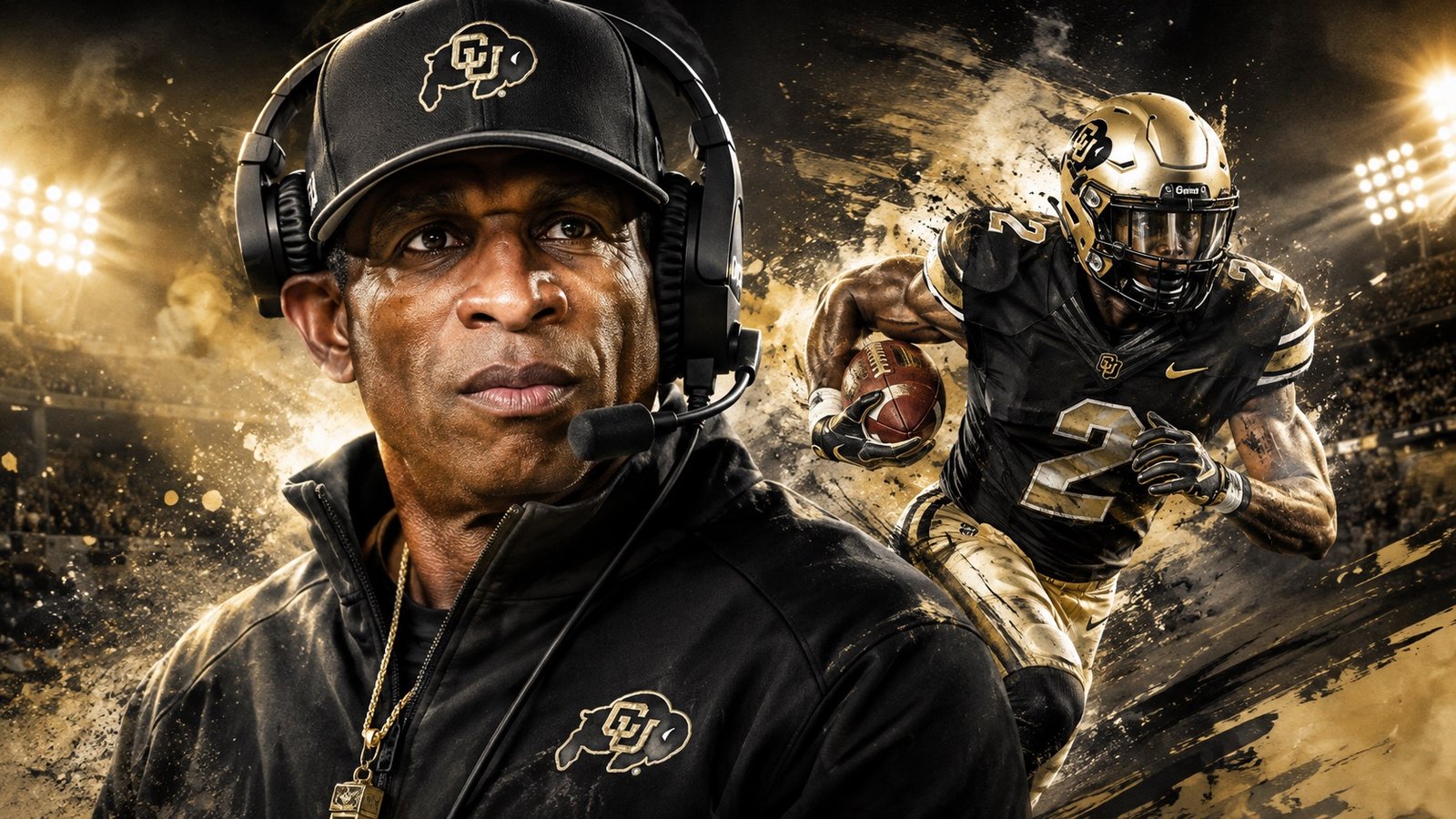 Editorial illustration of Deion Sanders and a Colorado Buffaloes football player under stadium lights