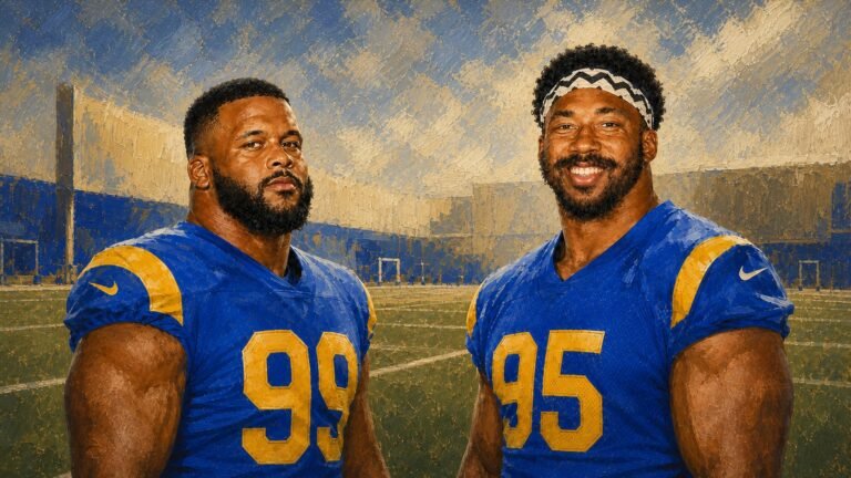 Editorial illustration of Aaron Donald and Myles Garrett in Los Angeles Rams jerseys