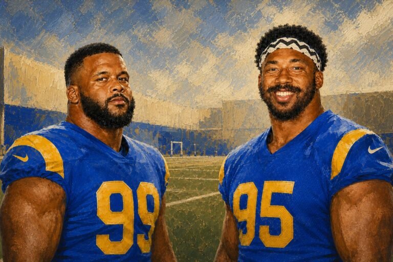 Editorial illustration of Aaron Donald and Myles Garrett in Los Angeles Rams jerseys