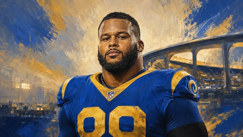 Editorial illustration of Aaron Donald in his Los Angeles Rams number 99 jersey