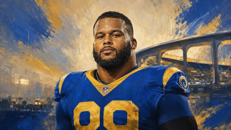 Editorial illustration of Aaron Donald in his Los Angeles Rams number 99 jersey