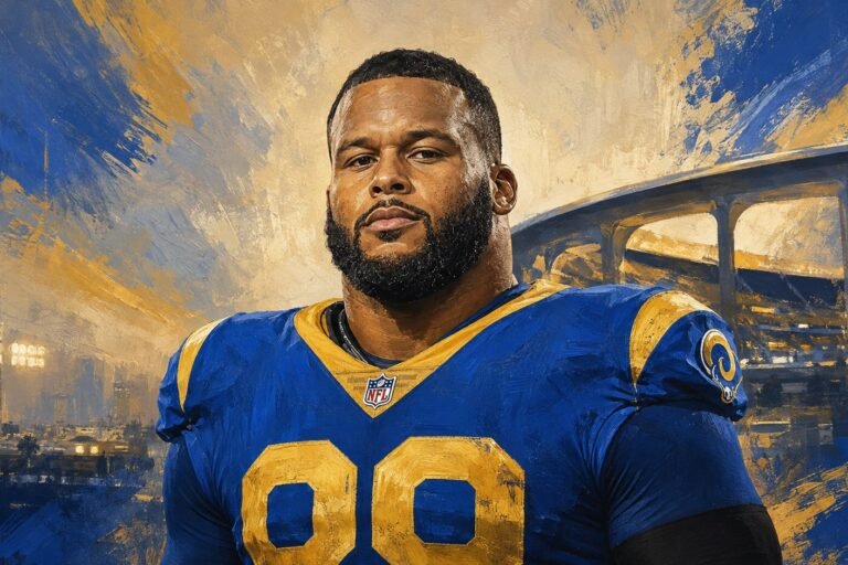 Editorial illustration of Aaron Donald in his Los Angeles Rams number 99 jersey