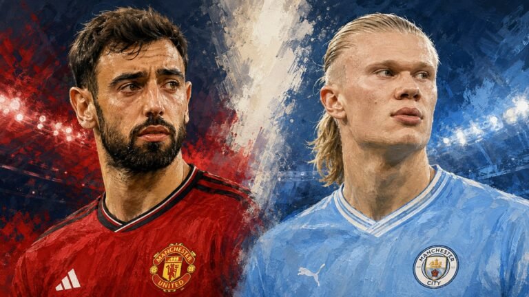 Editorial illustration of Bruno Fernandes and Erling Haaland in Manchester United and Manchester City shirts