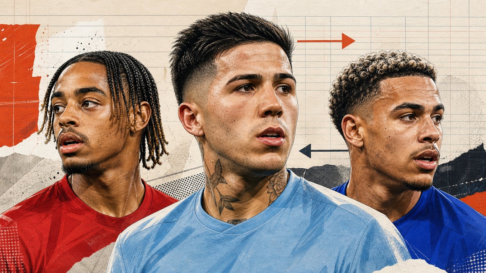 Editorial illustration of Bradley Barcola, Enzo Fernández and Morgan Rogers for the 2026 Premier League transfer ledger