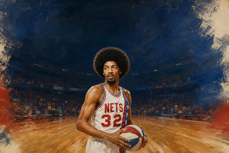 Editorial illustration of Julius Erving in his New York Nets number 32 ABA uniform