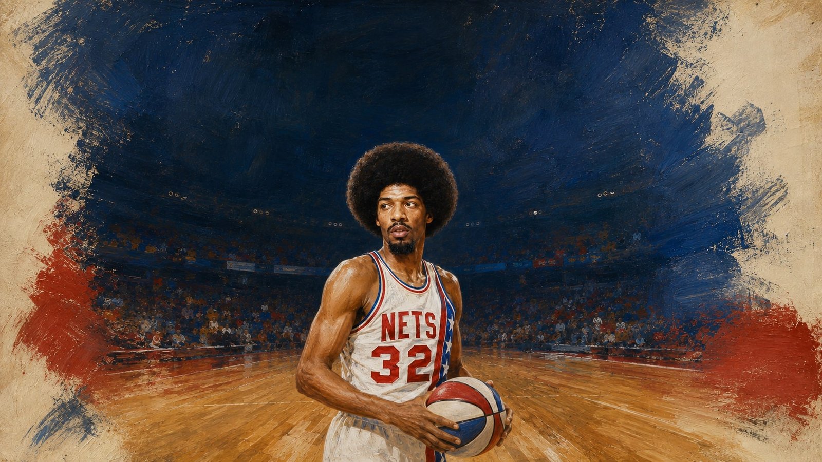 Editorial illustration of Julius Erving in his New York Nets number 32 ABA uniform