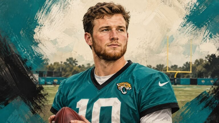 Editorial illustration of Quinn Ewers in his Jacksonville Jaguars uniform