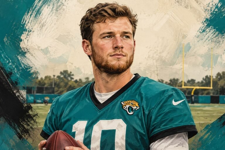 Editorial illustration of Quinn Ewers in his Jacksonville Jaguars uniform